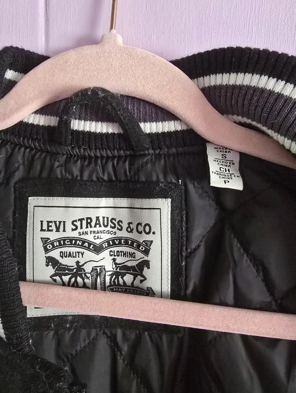 Levi's Men's Black Varsity Jacket with Leather Sleeves - Small
